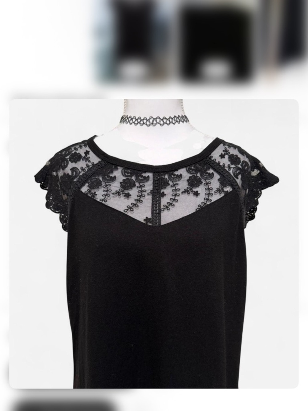 Black Lace Yoke Cap-Sleeve Blouse